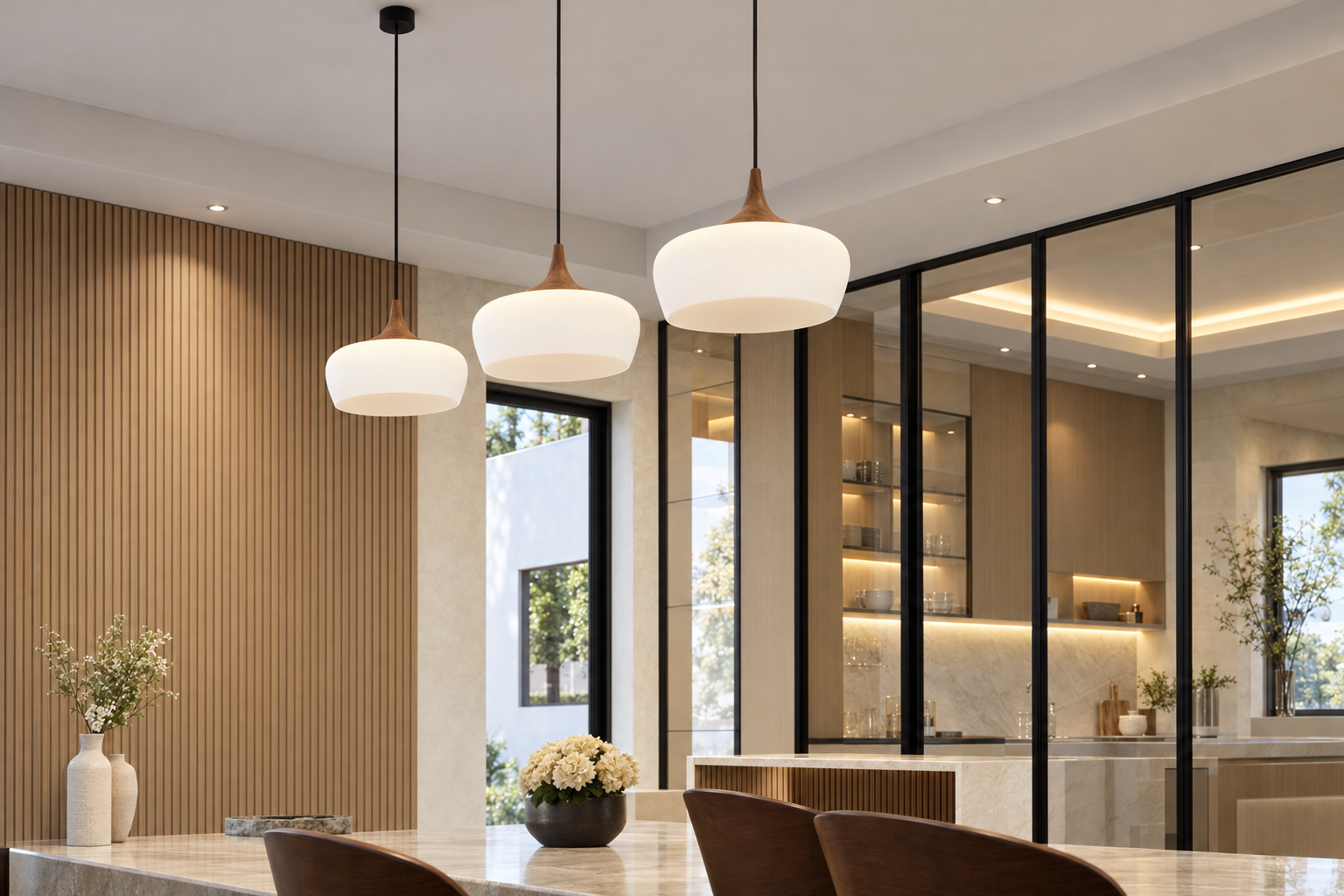 Open-plan dining area with pendant lights and glass partitions