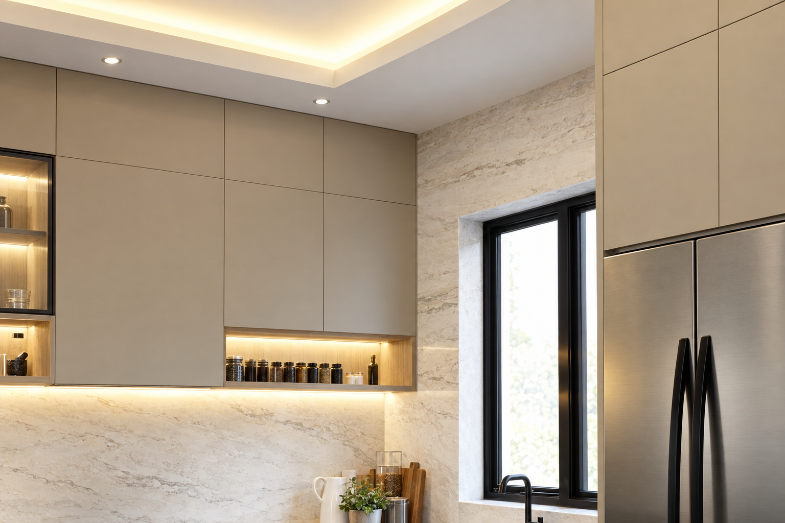 Modern kitchen with marble splashback, warm under-cabinet lighting and built-in appliances