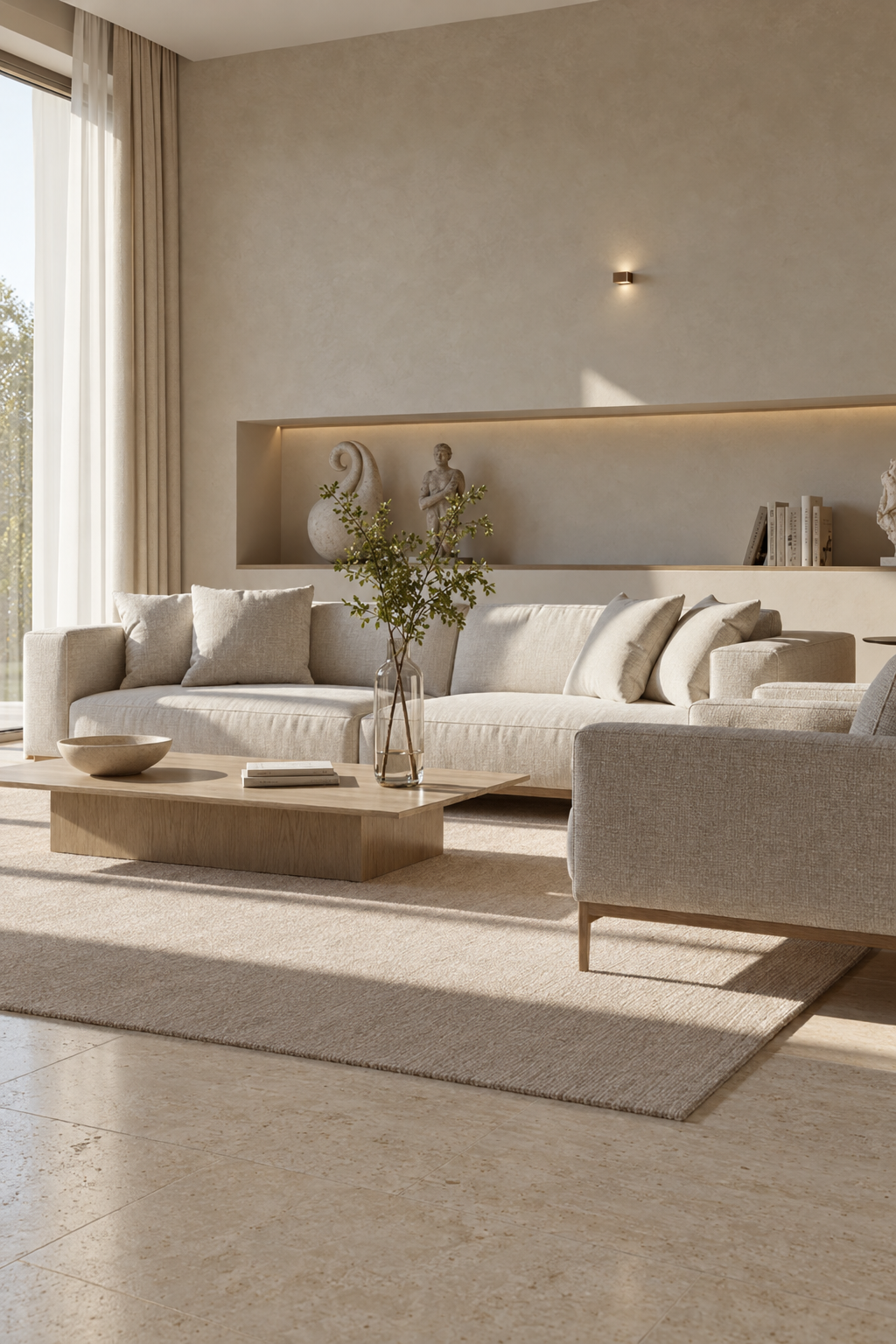 Bright, neutral-toned living room with a cream sectional sofa and full-height windows inside a Satori Villas townhouse in Tse Addo, Accra
