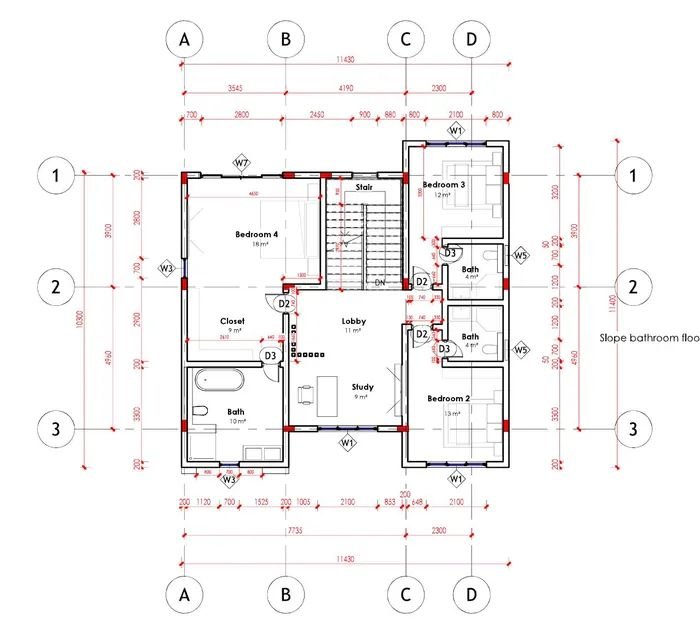 Dimensioned architectural drawing of the Satori Villas first floor