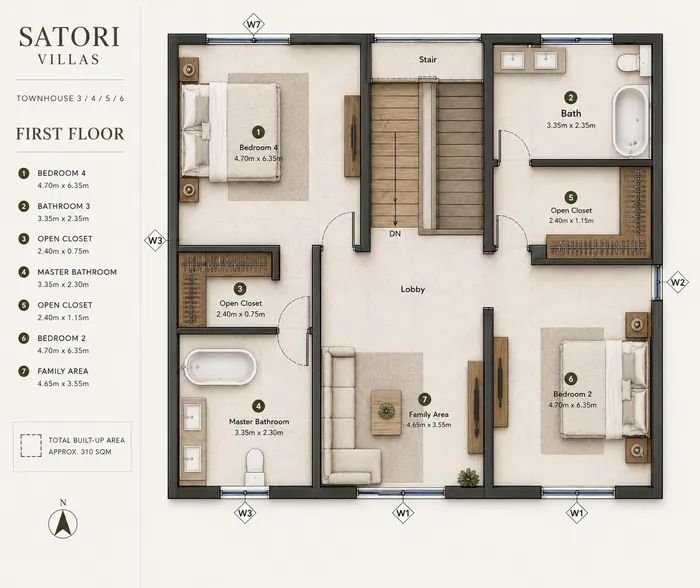 First floor plan of a Satori Villas townhouse: bedrooms 2 and 4, family area, master bathroom, bathroom and open closets