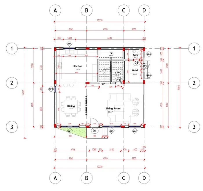 Dimensioned architectural drawing of the Satori Villas ground floor