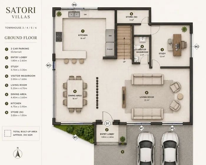 Ground floor plan of a Satori Villas townhouse: kitchen, dining area, living room, study, visitor washroom, store, entry lobby and two-car parking