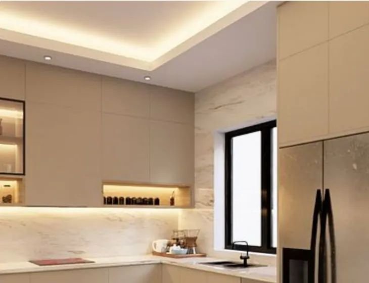 Modern kitchen with marble splashback and built-in appliances