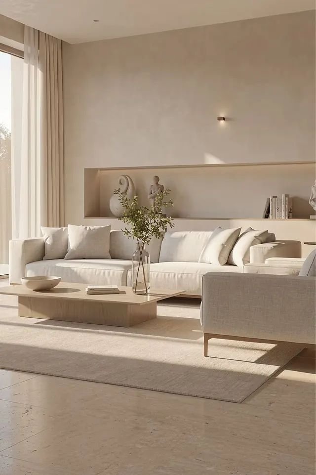 Bright living room with cream sectional sofa and full-height windows, Satori Villas, Tse Addo