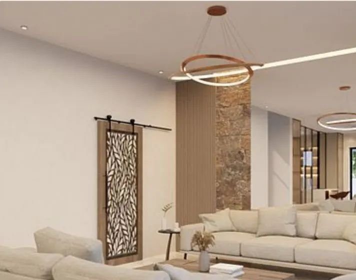 Lounge with stone feature wall, ring pendant light and timber screen