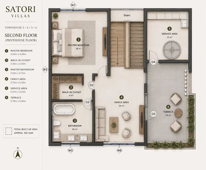 Penthouse floor plan of a Satori Villas townhouse: master bedroom, walk-in closet, bathroom, family area, service area and terrace